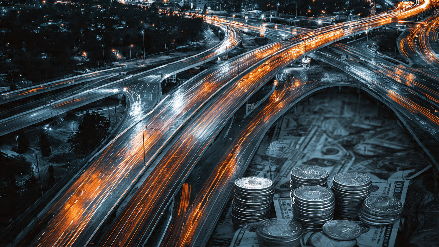 Aerial view of an American highway at night with light trails from traffic, representing the gap between enforcement spending and engineering solutions