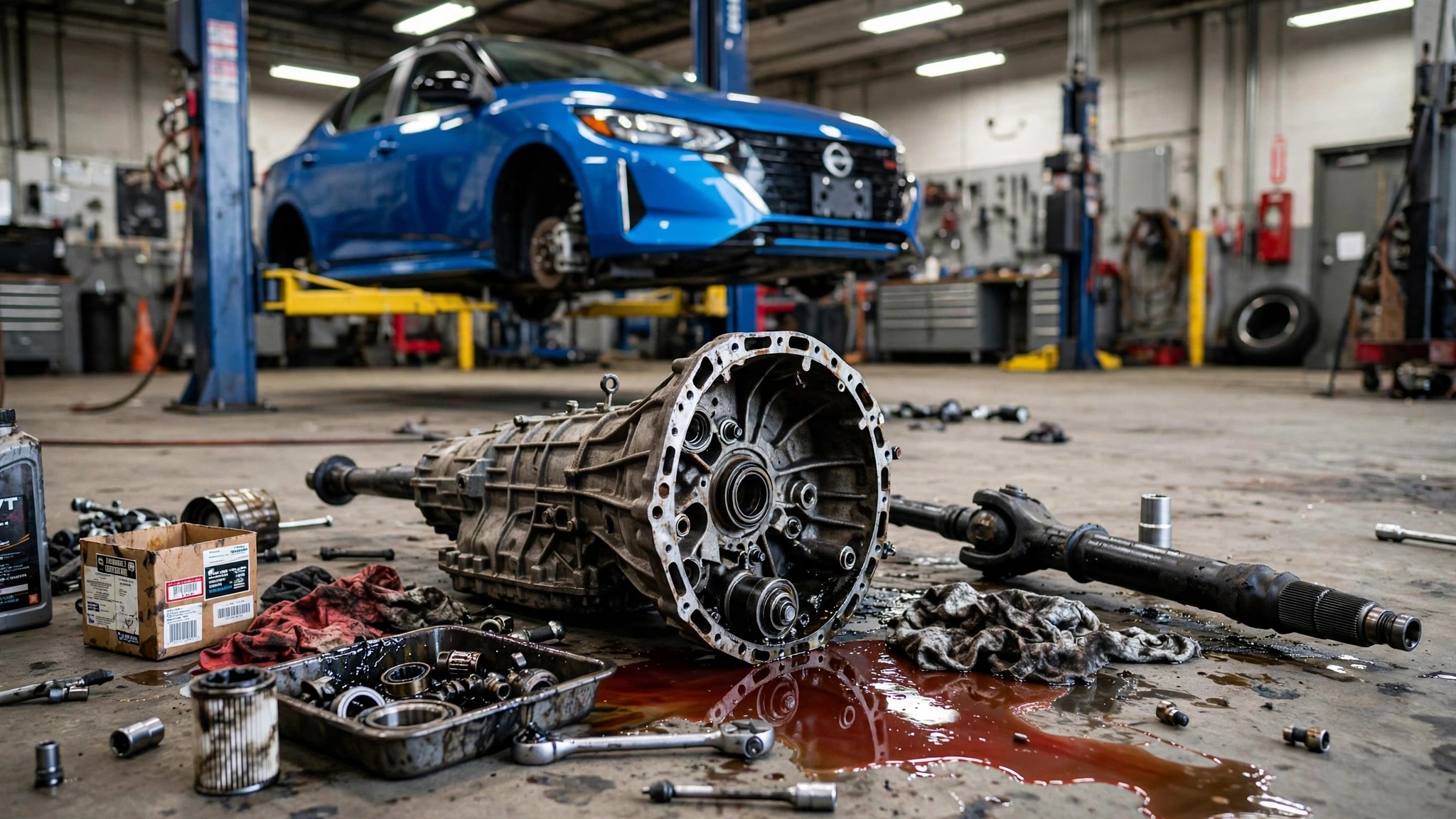 A blue Nissan Sentra on a repair lift, with its removed CVT transmission and a driveshaft lying on the shop floor in a pool of transmission fluid