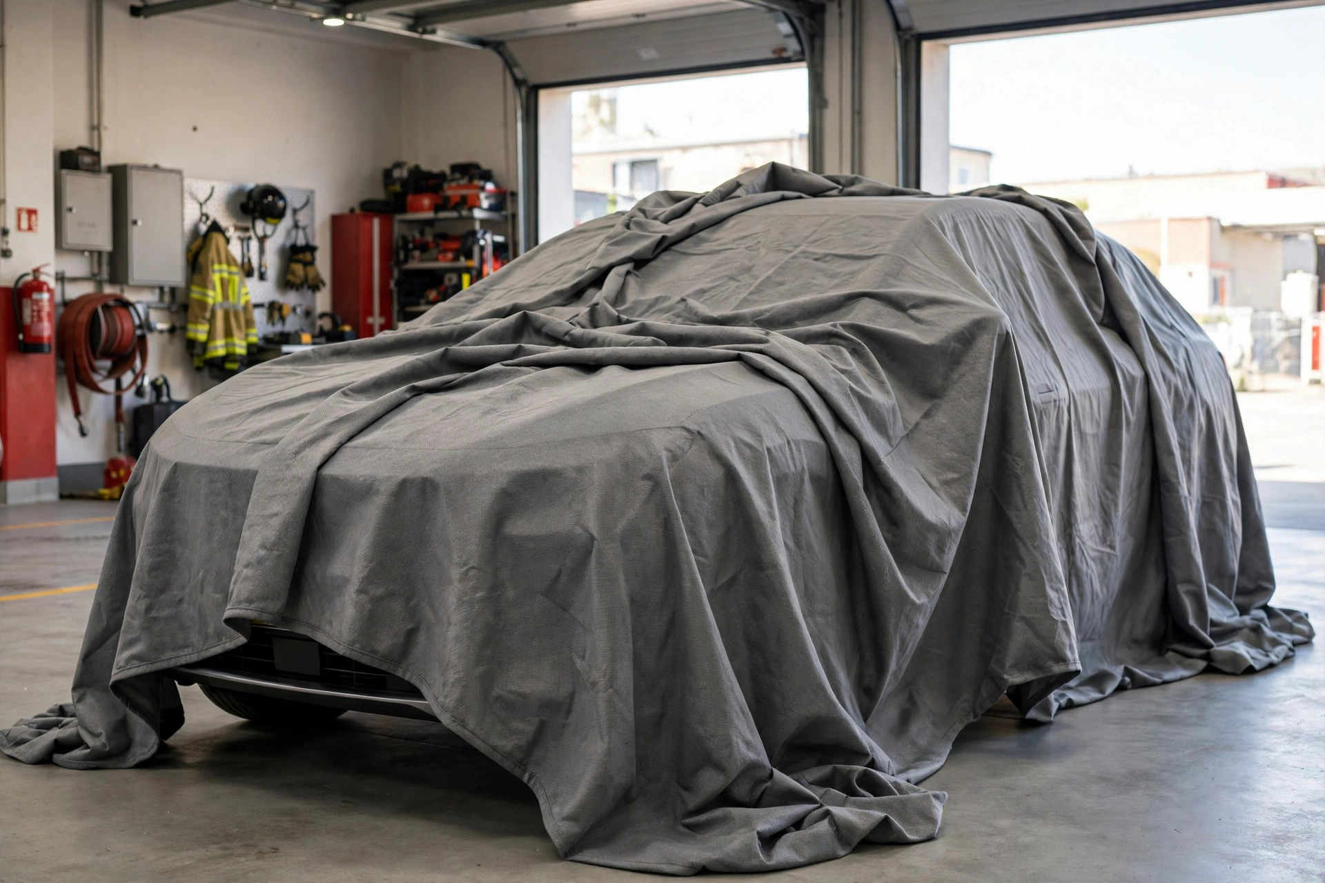 A grey fireproof blanket draped over an electric SUV parked inside a bright fire station garage