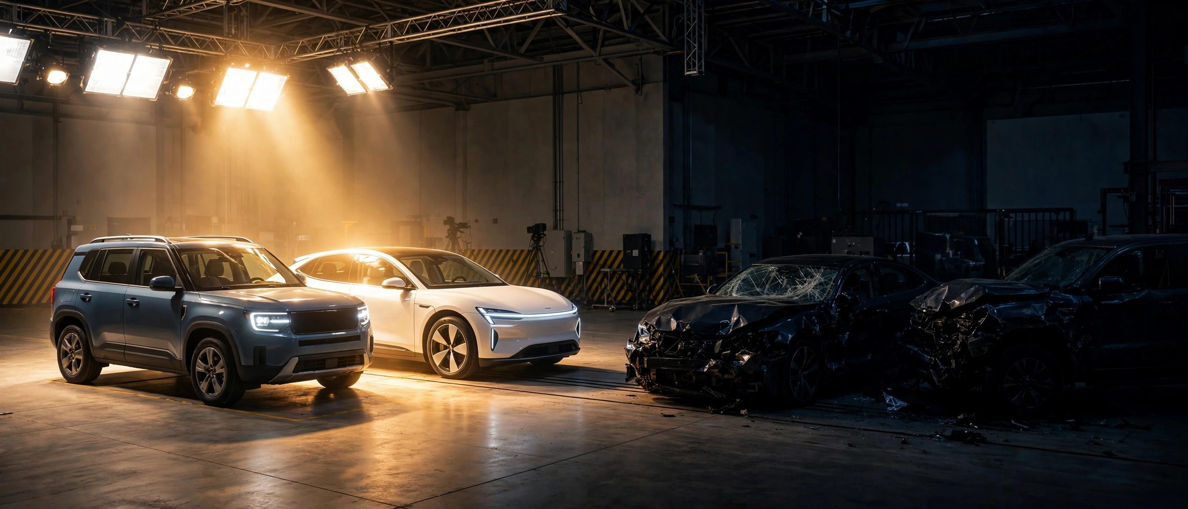 A crash test lab with two pristine vehicles under spotlights beside two wrecked sedans, illustrating how IIHS ratings and fatality data converged