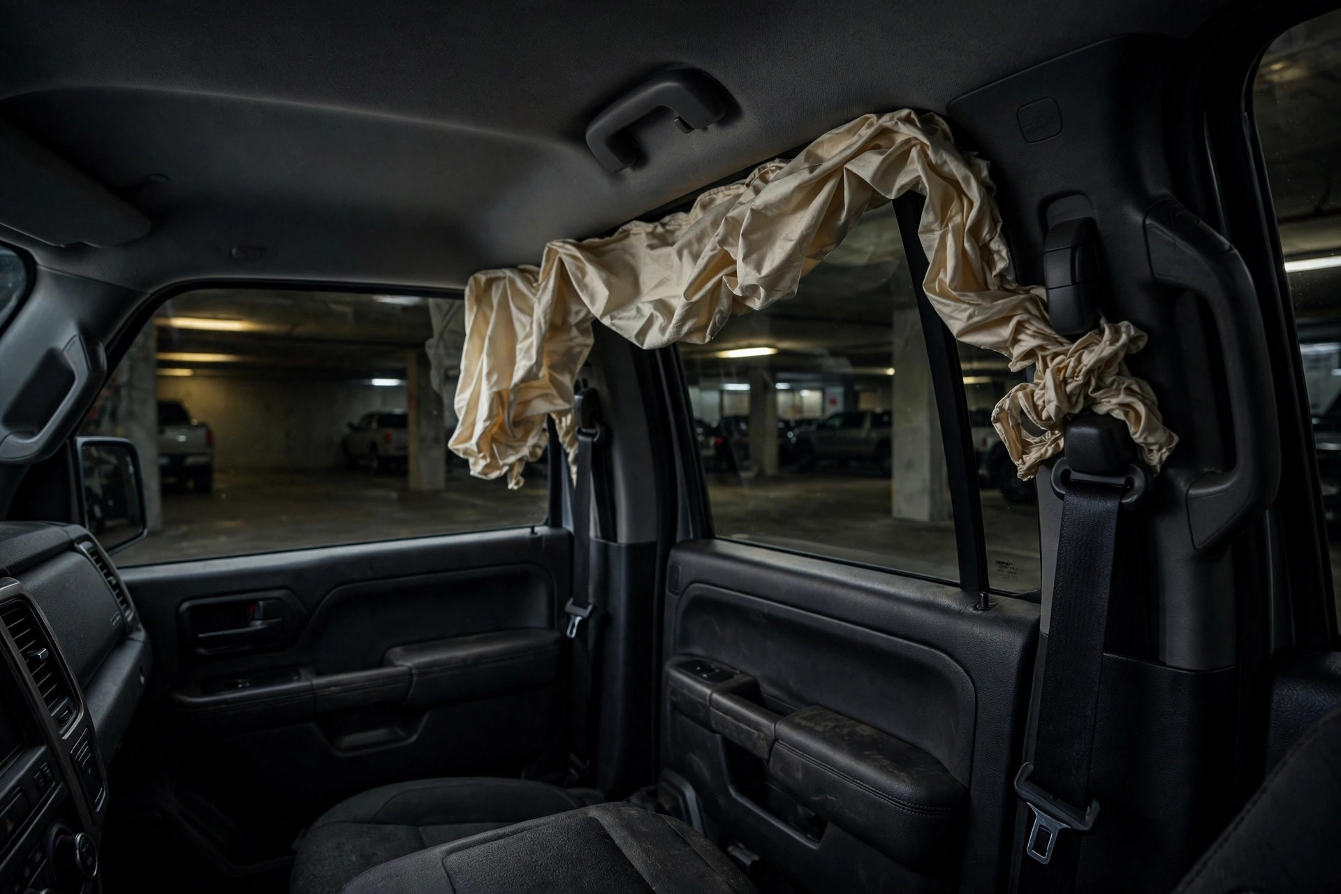 Tangled, half-deployed side curtain airbag hanging unevenly from a pickup truck's roofline