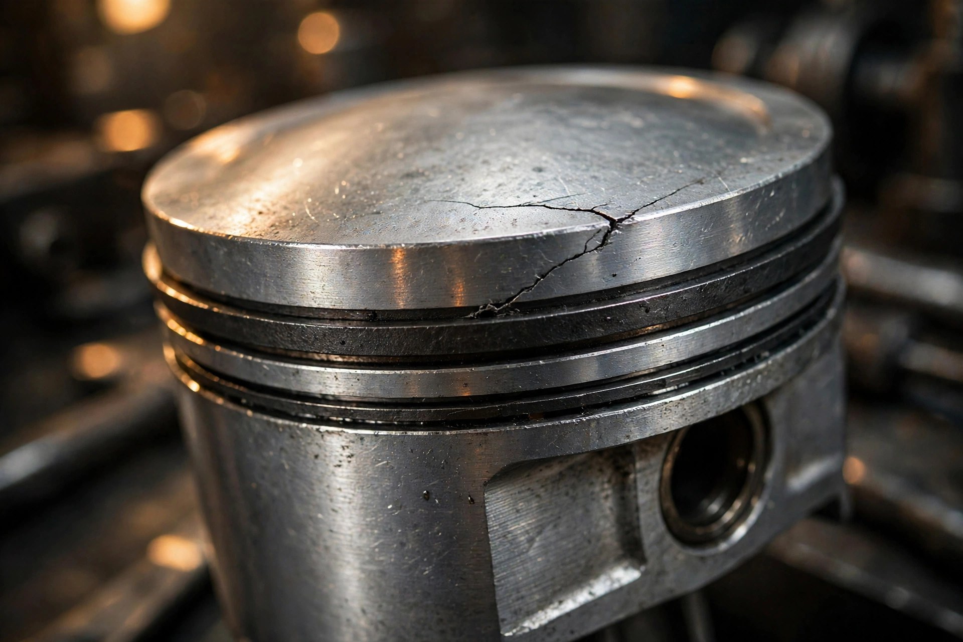 Close-up of a cracked Ford EcoBoost piston with a fracture running across the dome