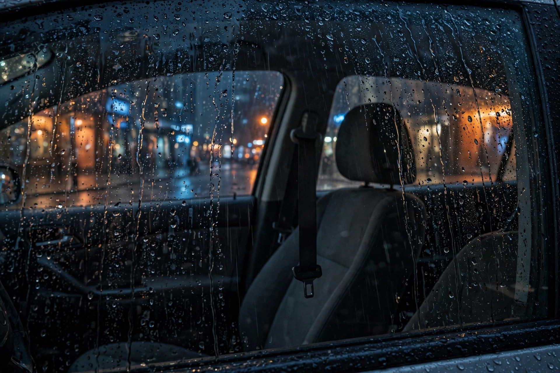 An empty passenger seat at night, seatbelt hanging unused, through a car window