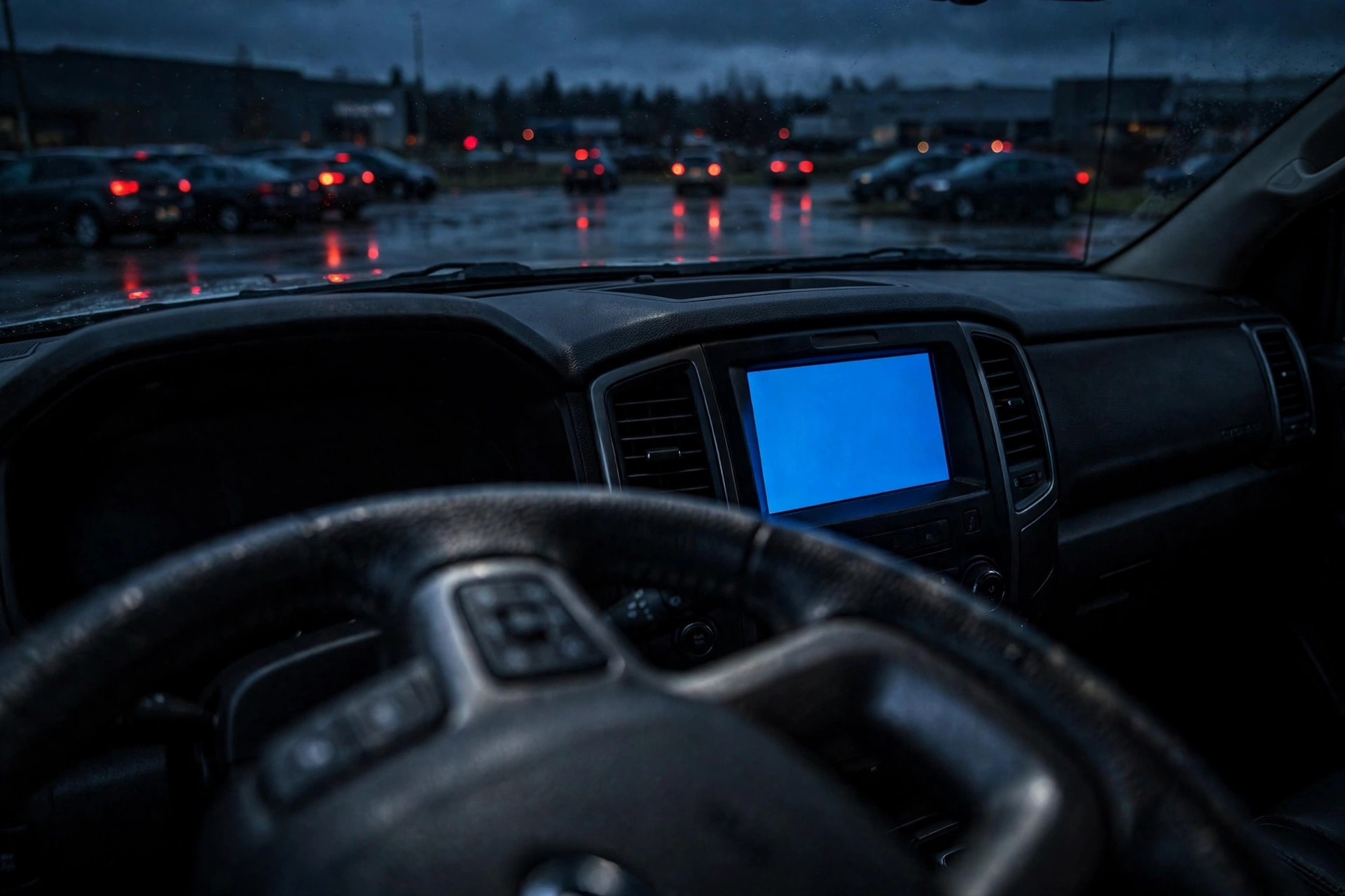 Pickup truck dashboard at dusk, infotainment screen showing a solid blue screen instead of the backup camera feed