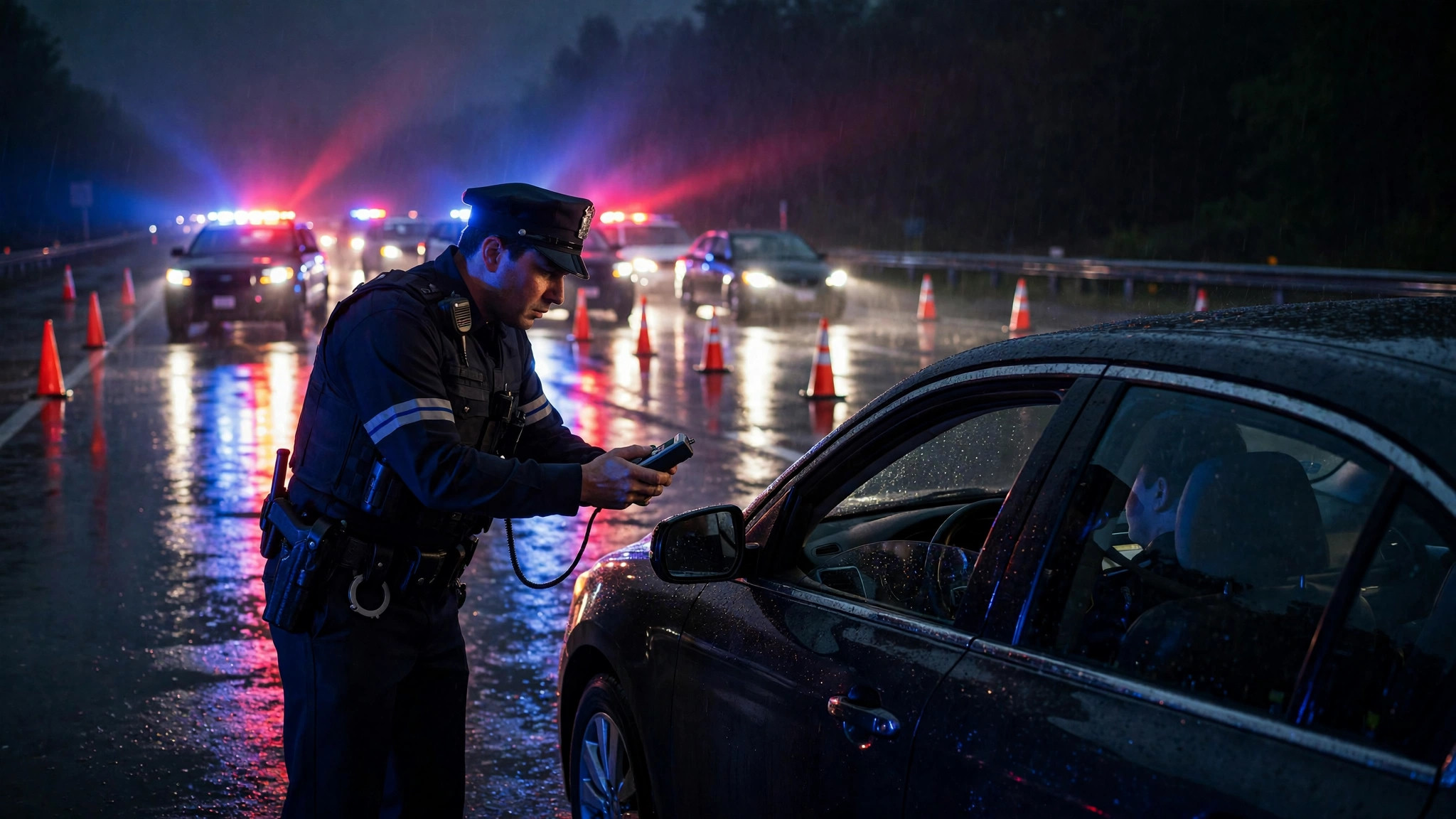 Police DUI sobriety checkpoint at night with breathalyzer test in progress