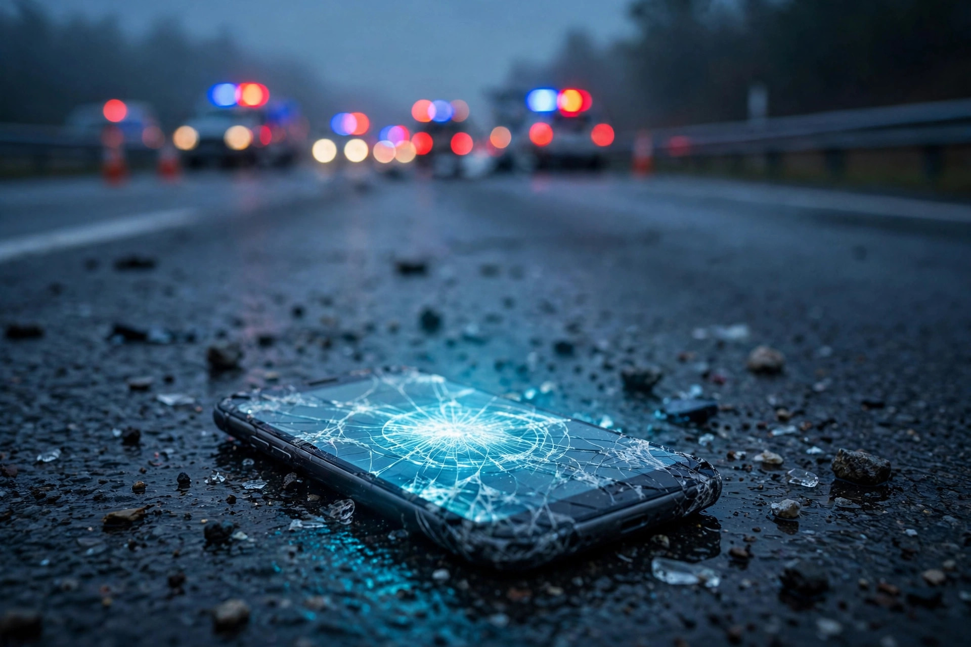 A cracked smartphone lying on asphalt at a crash scene at dusk, screen glowing