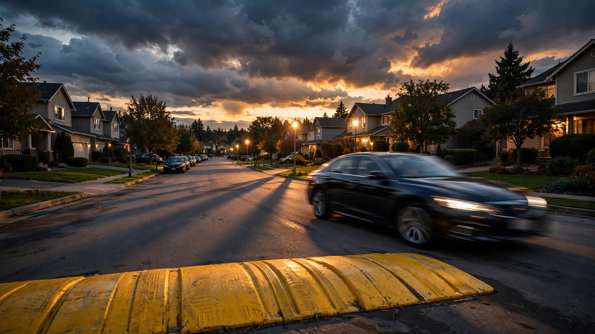 A yellow speed hump in the foreground of a quiet suburban street at dusk, a dark sedan speeding past in motion blur