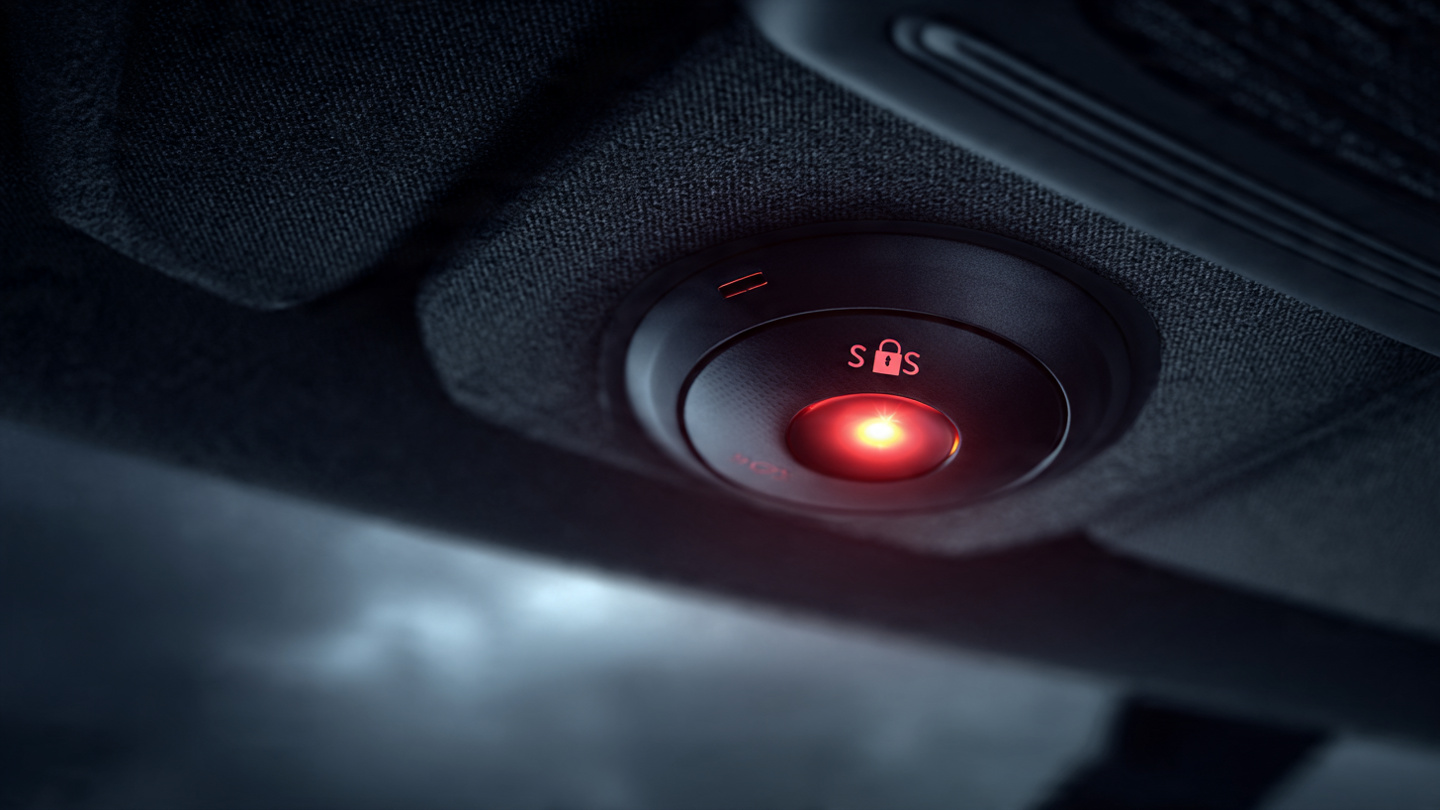 Car ceiling SOS emergency button with a digital padlock overlay