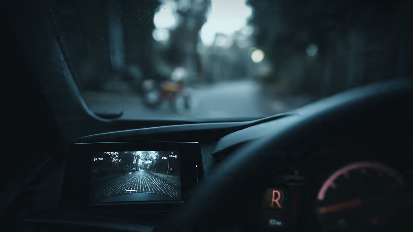 A backup camera display screen showing a glitching, distorted image in a modern car dashboard