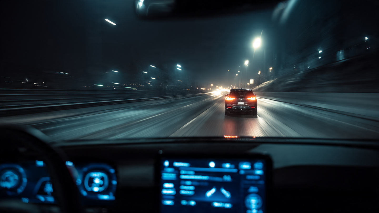 A dark highway at night with a Ford Mustang Mach-E's headlights illuminating a stopped vehicle ahead