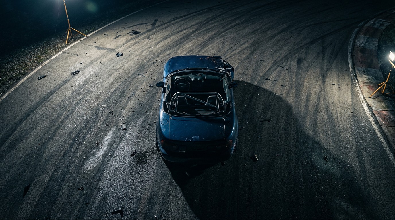 Overhead view of a convertible sports car on its roof on a test surface, showing the structural roll hoop behind the cabin