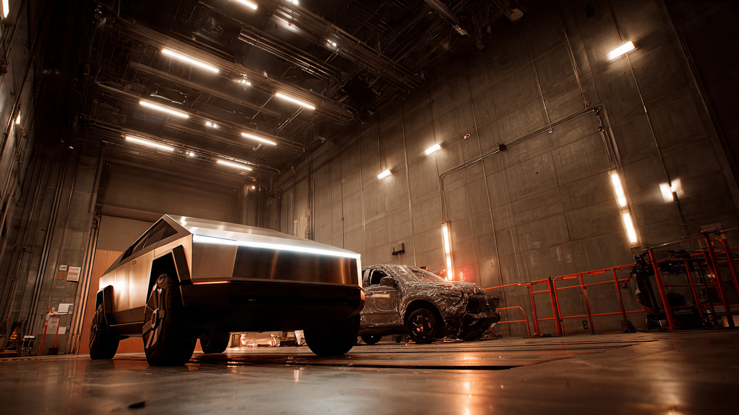 Cybertruck in a crash test facility with Ford F-150 and Chevy Silverado in background