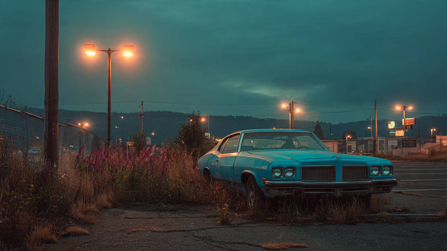 An abandoned Pontiac Grand Prix sits in a desolate lot at dusk, representing the ongoing death toll from defunct automotive brands