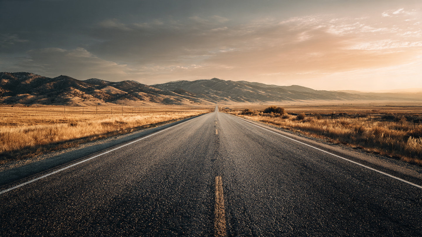 A flat line graph stretching across a highway, showing America's fatality rate frozen between 2014 and 2025