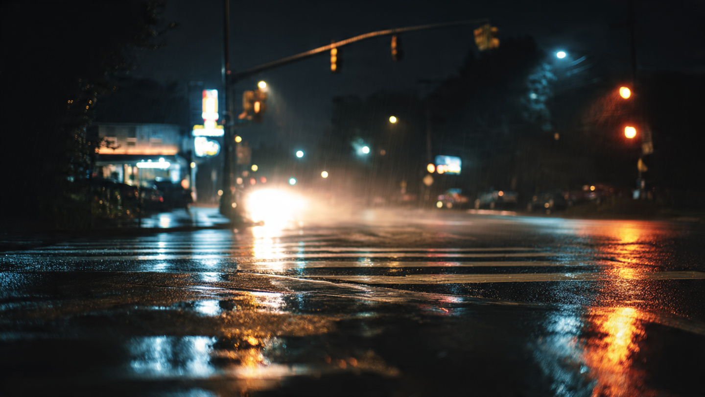 A dimly lit urban crosswalk at night with bar signage in the background, representing the drunk pedestrian fatality crisis