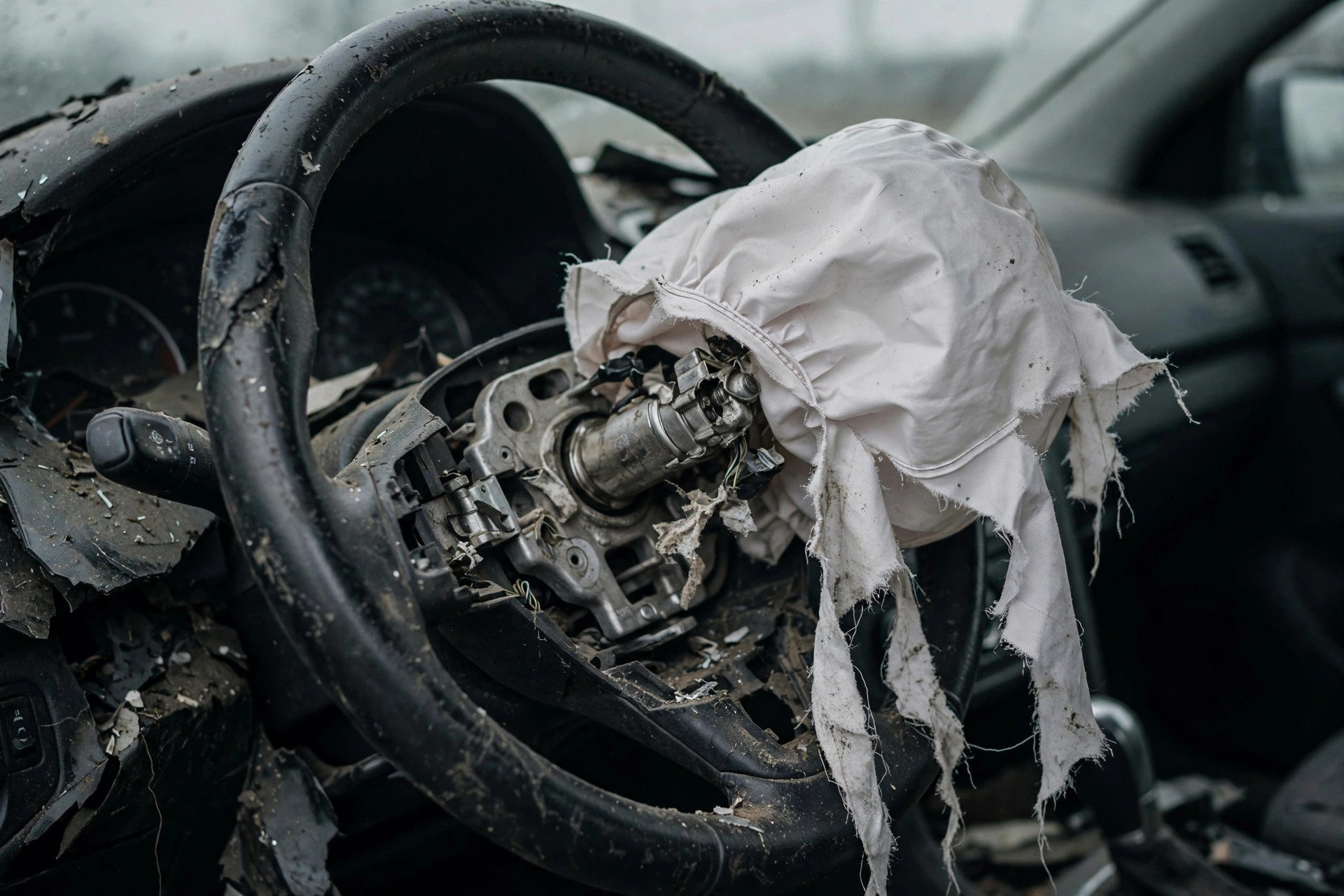 Close-up of a crash-damaged steering wheel with a deployed airbag and an exposed metal inflator housing
