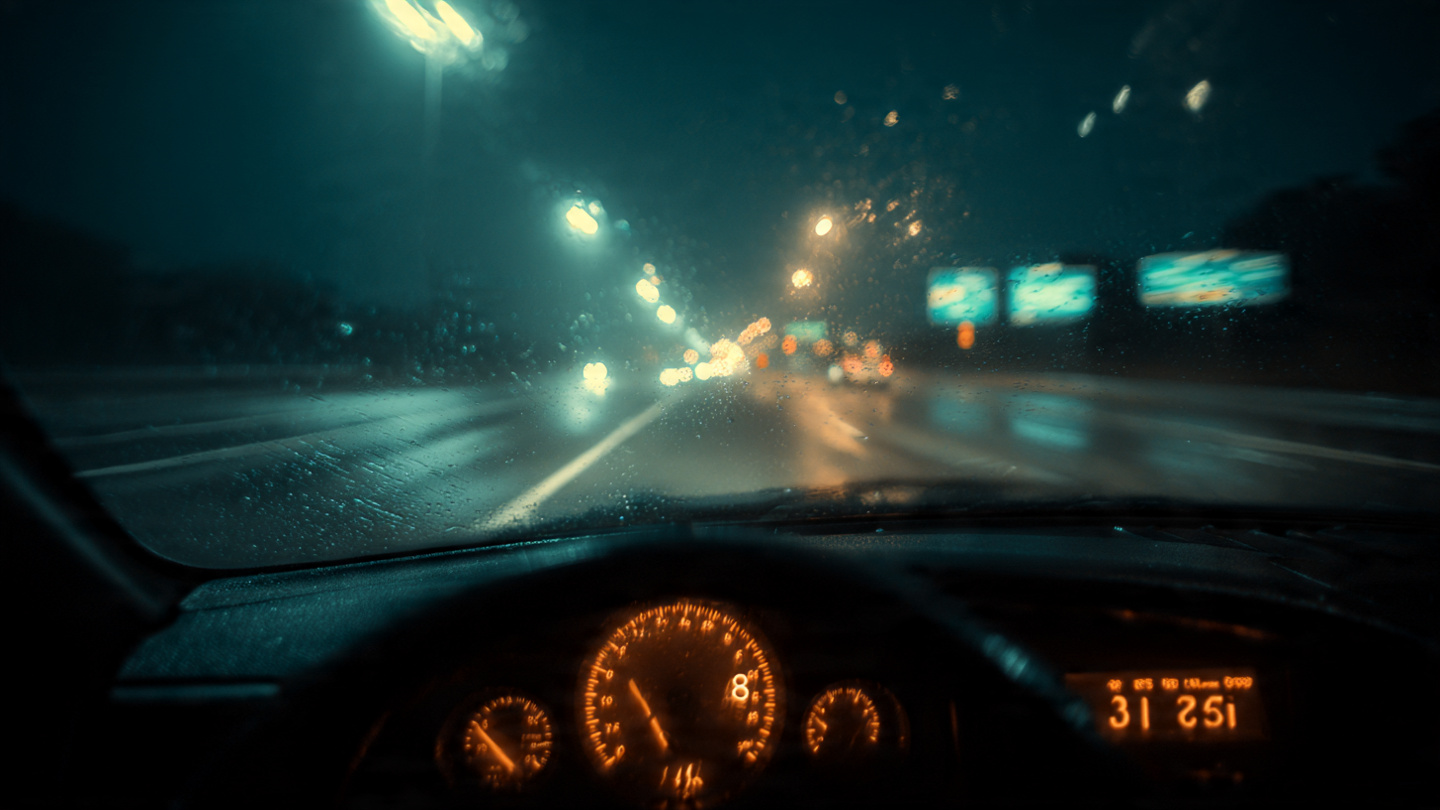Dark highway at night with a single car, blurred dashboard suggesting drowsy driving danger