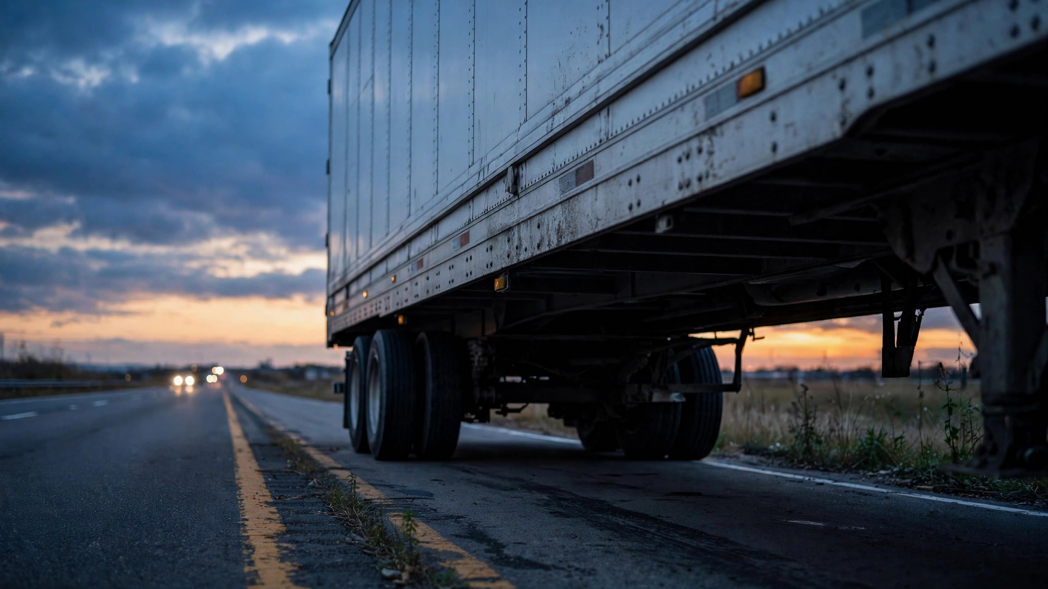A sedan wedged beneath a semitrailer on a highway