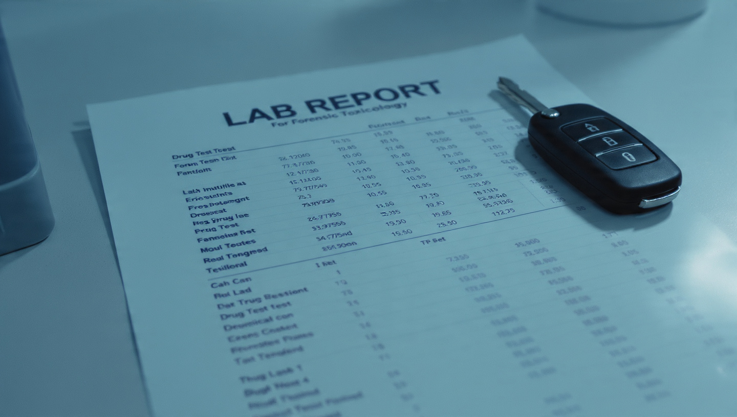 A forensic toxicology lab report showing multiple drug panels next to a car key on a sterile counter