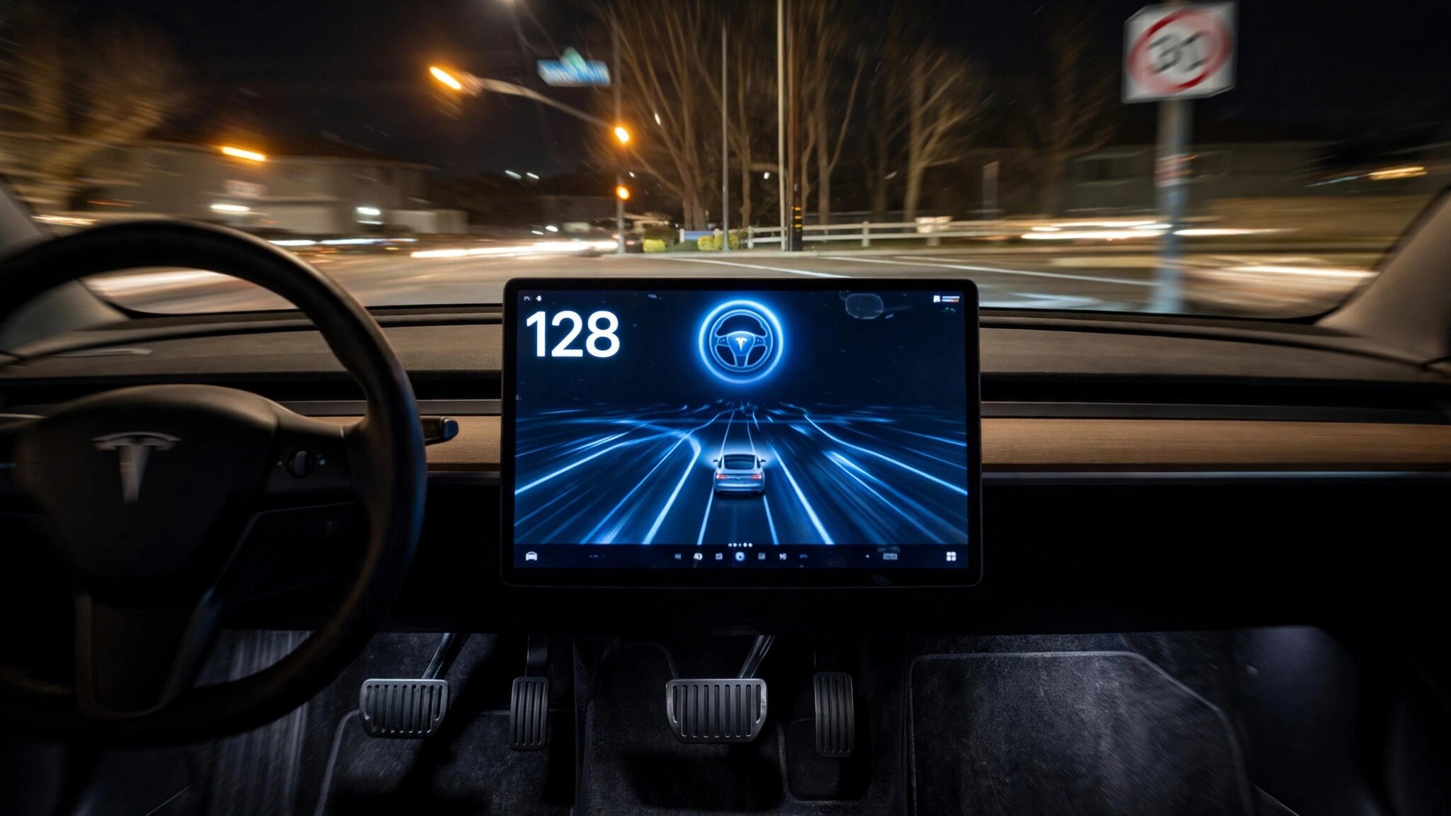A Tesla dashboard at night with the FSD indicator glowing while the accelerator is pressed to the floor, a blurred residential street visible through the windshield