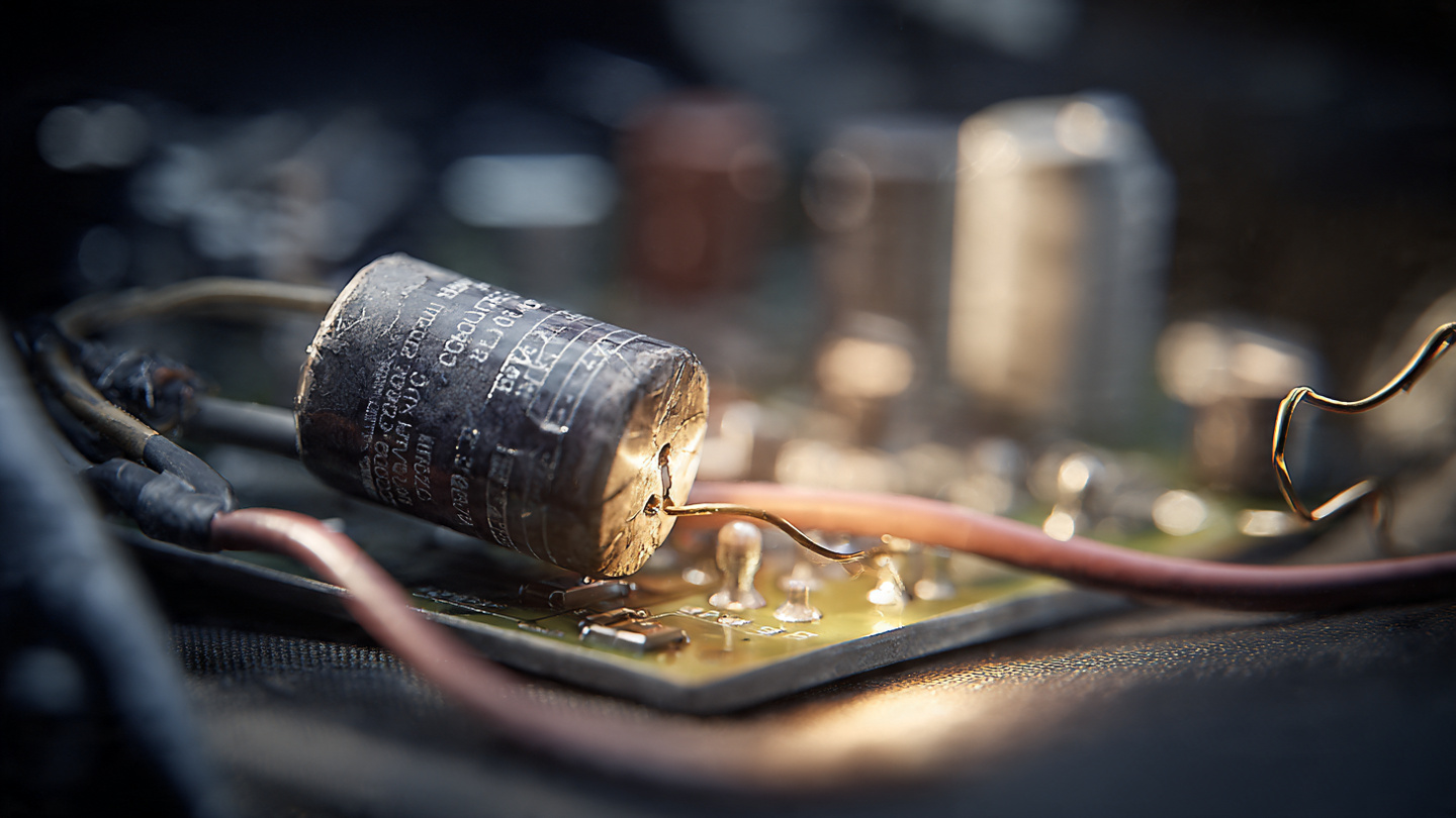 Close-up of a cracked capacitor on a car seat weight sensor circuit board
