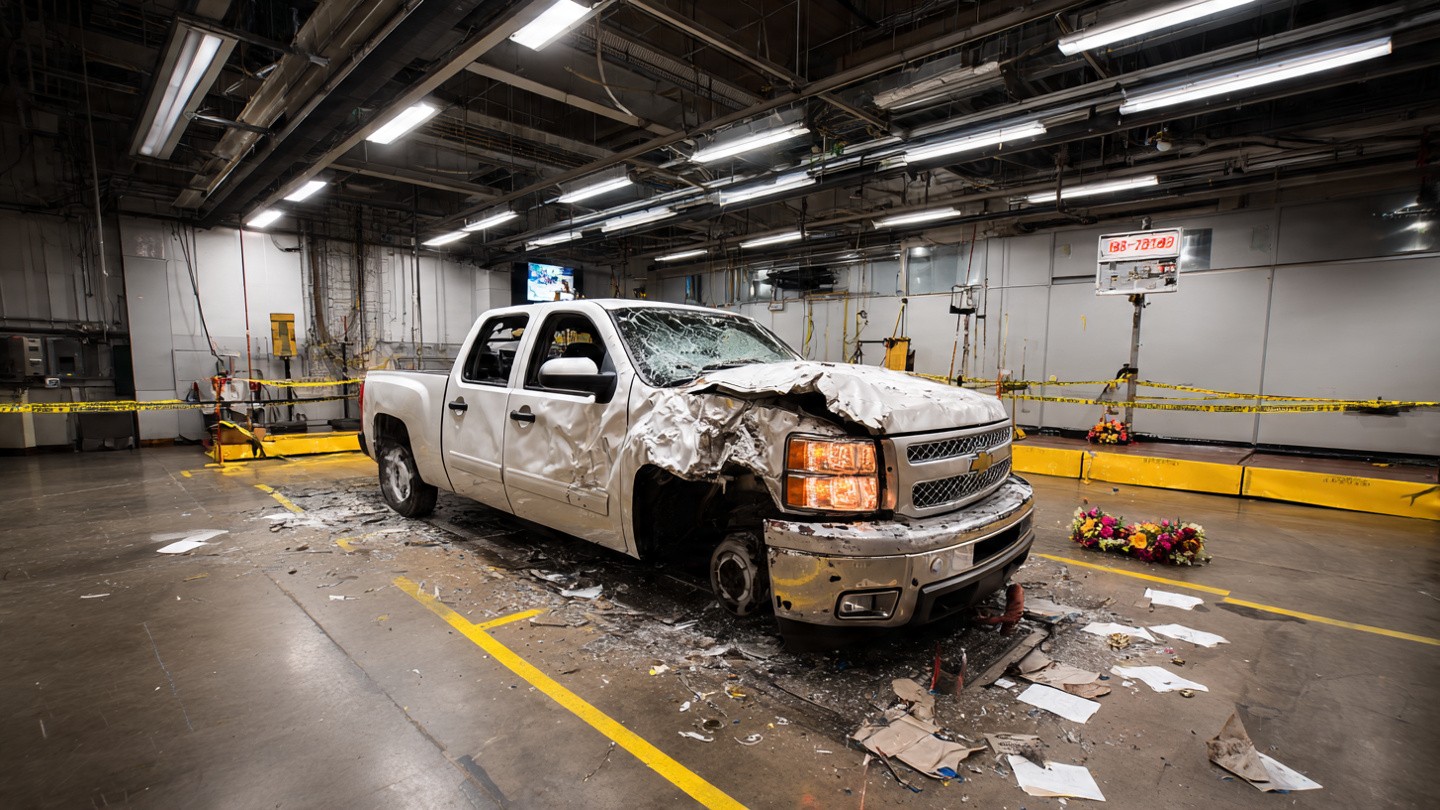Empty IIHS award podium with a Ford F-150 and Chevy Silverado parked conspicuously offstage