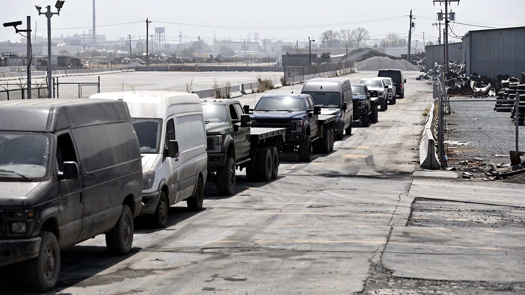 Row of commercial cargo vans and heavy-duty pickup trucks lined up for IIHS evaluation