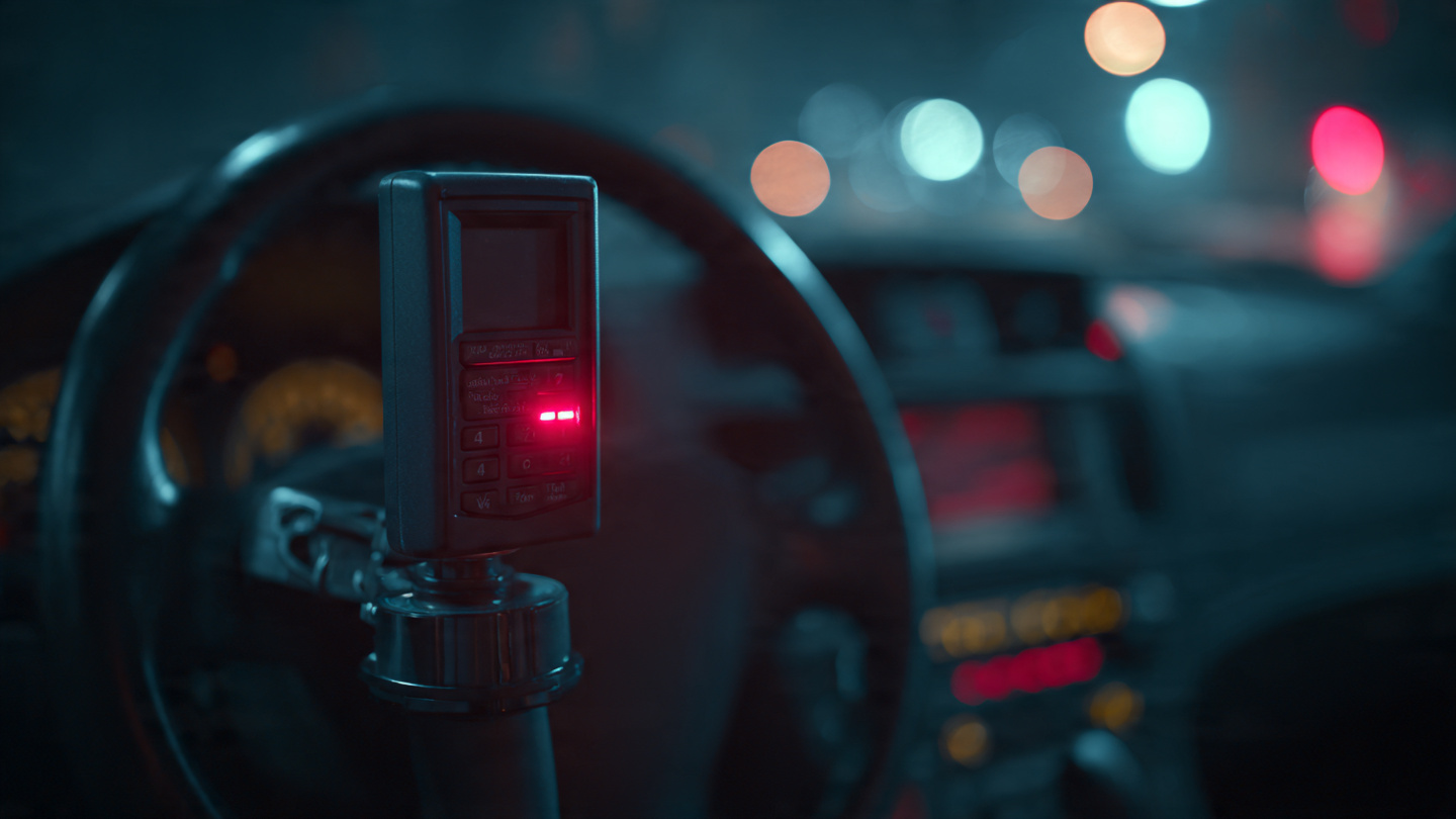 Close-up of an ignition interlock breathalyzer device mounted on a car dashboard