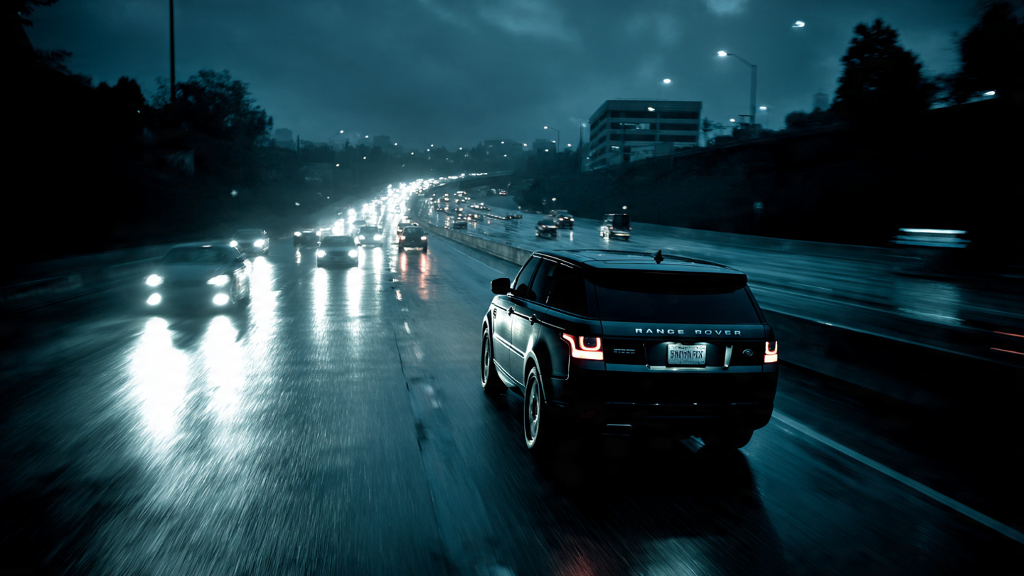 A dark highway at night with the silhouette of a Range Rover stopped in a travel lane, no lights on, barely visible against oncoming headlights