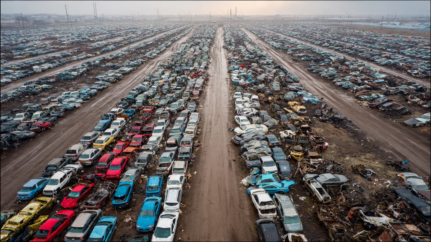 Crushed vehicles stacked in a scrapyard, fading paint and crumpled metal catching flat afternoon light