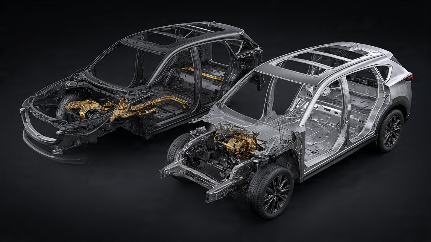 Cutaway comparing ladder frame vs unibody crossover crumple zones
