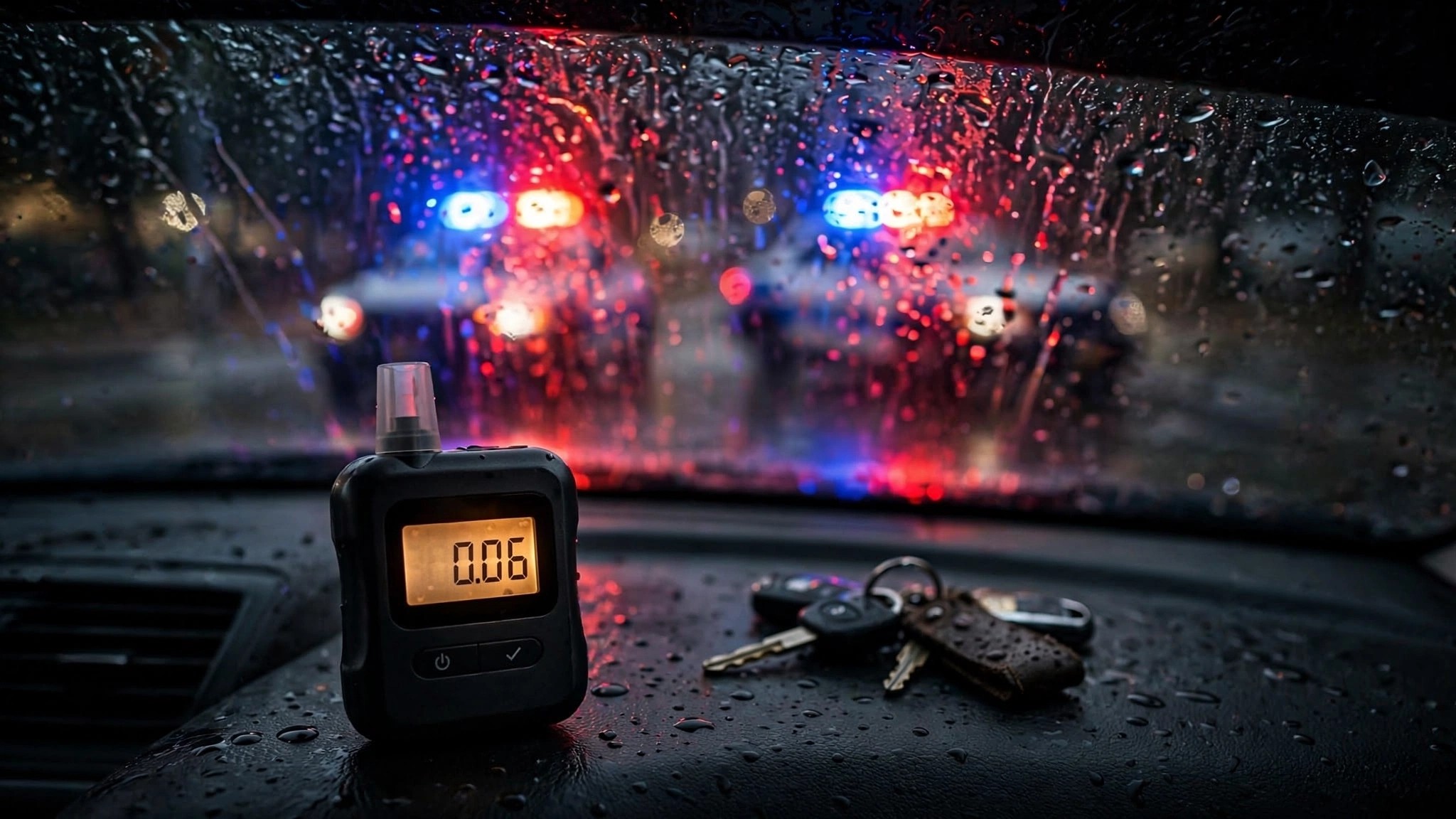 A breathalyzer showing 0.06 BAC on a car dashboard at night