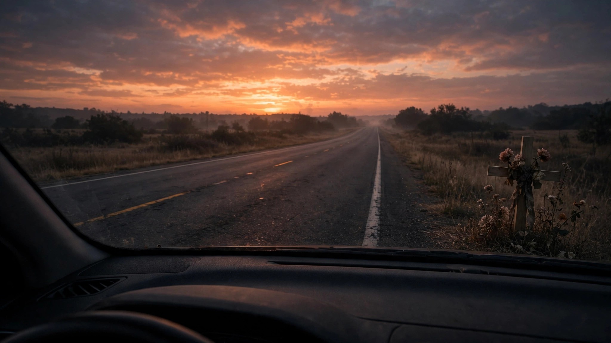 View through a windshield at sunrise on an empty highway, with a wooden roadside memorial cross and flowers on the shoulder