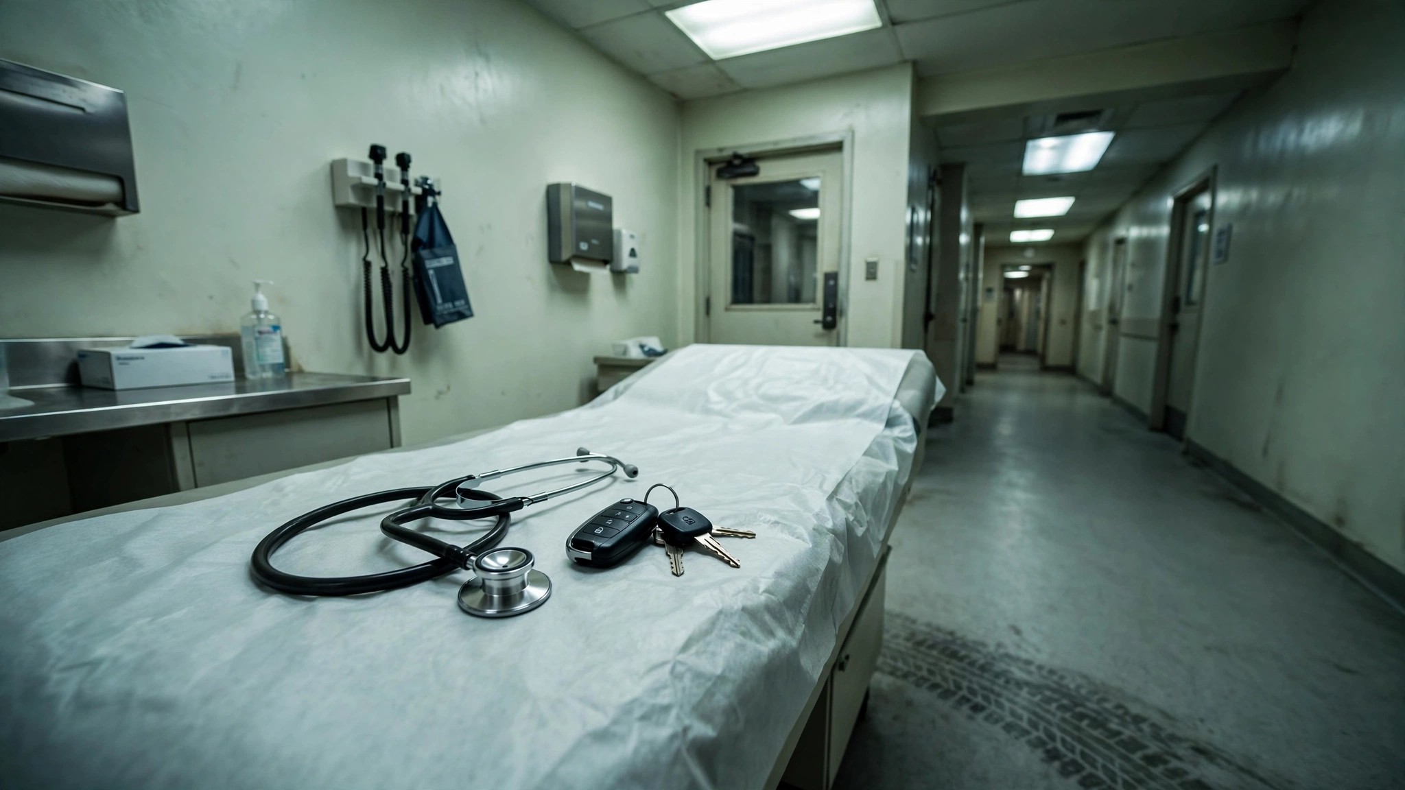 Stethoscope and car keys on a medical examination table
