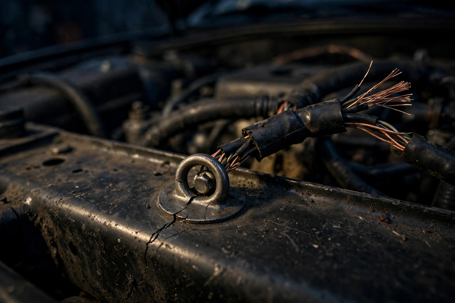 Close-up of an engine bay wiring harness ground terminal showing a fractured eyelet, the defect behind Ford's 148,663-Mustang recall