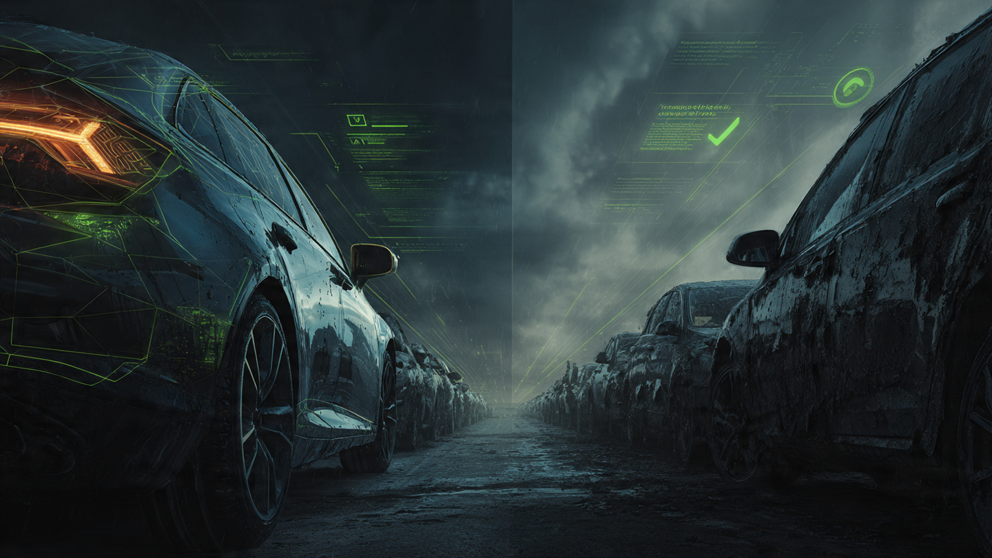 An aging vehicle fleet stretching into the distance, with a shiny modern car in the foreground displaying a green checkmark