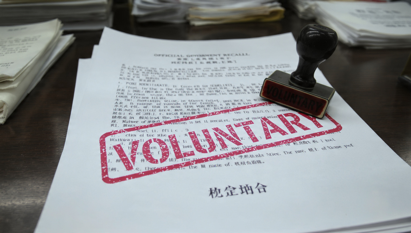 NHTSA building with stacks of recall paperwork and rubber stamp
