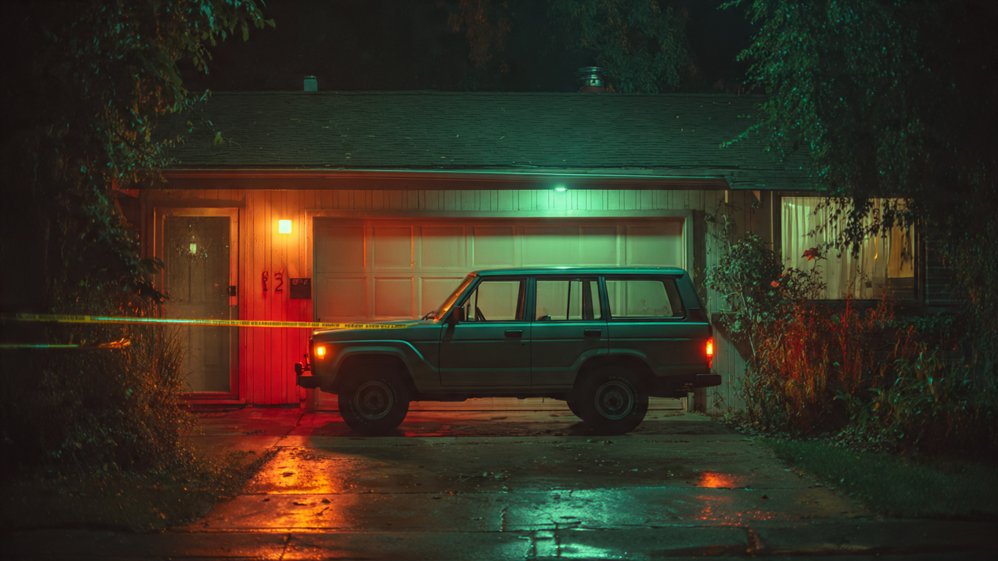 An SUV parked alone in a driveway at night with amber warning lights reflecting off a garage door