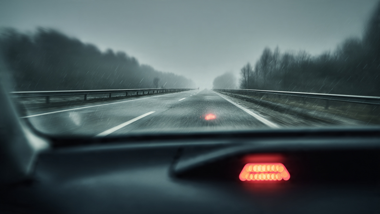 Car dashboard collision warning on empty highway