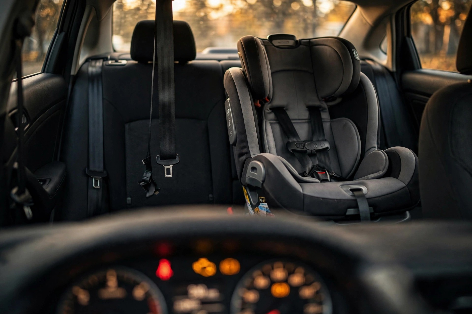 Rear seat of a car with unbuckled seat belt and a faint warning chime indicator