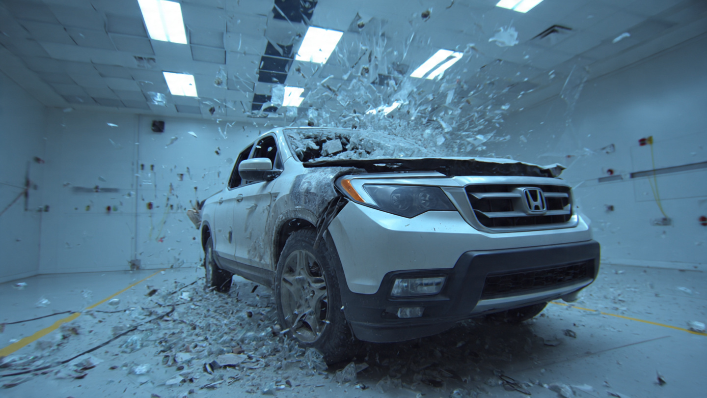 A Honda Ridgeline pickup truck in a crash test facility with IIHS rating graphics overlaid
