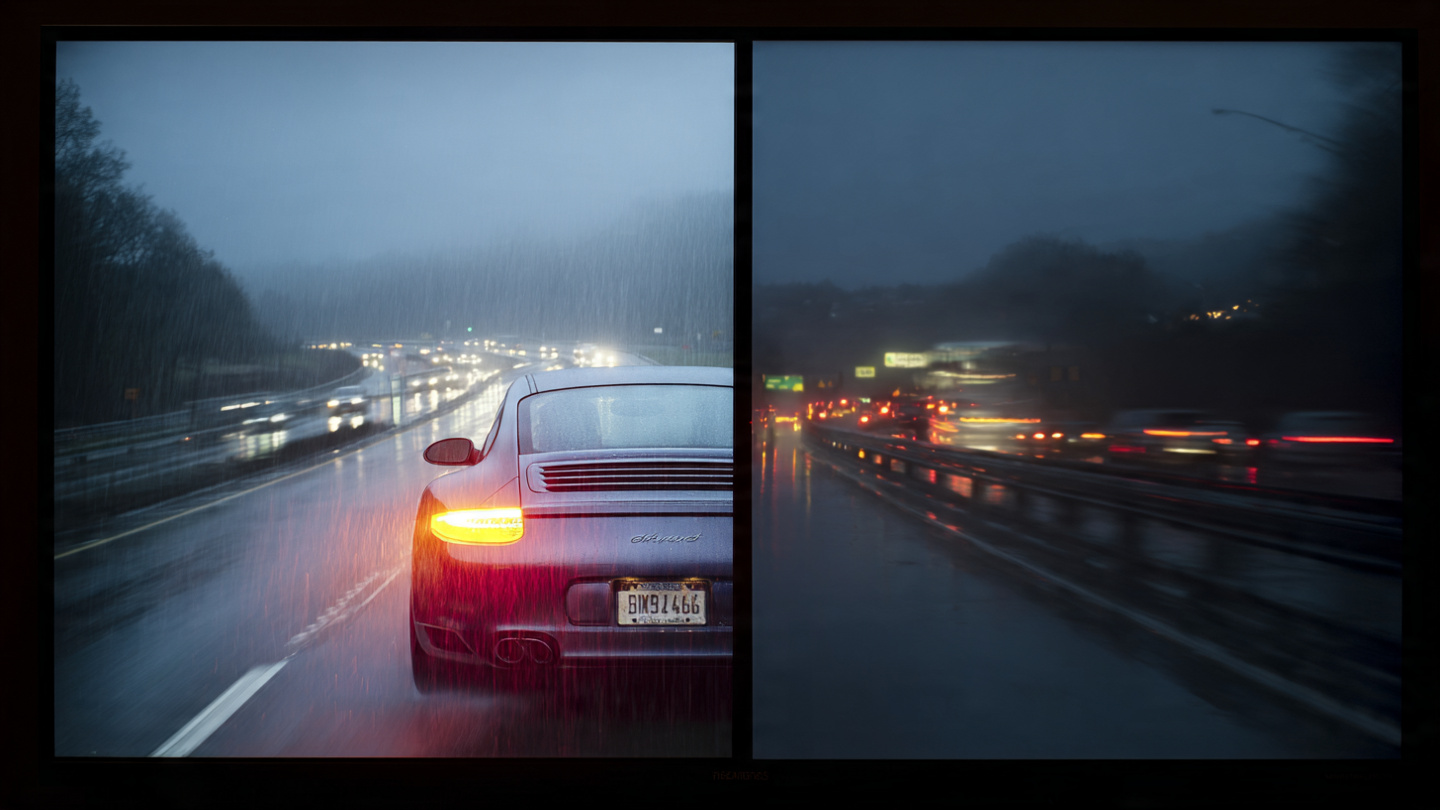 Split screen showing a glossy car ad promoting speed versus highway crash statistics