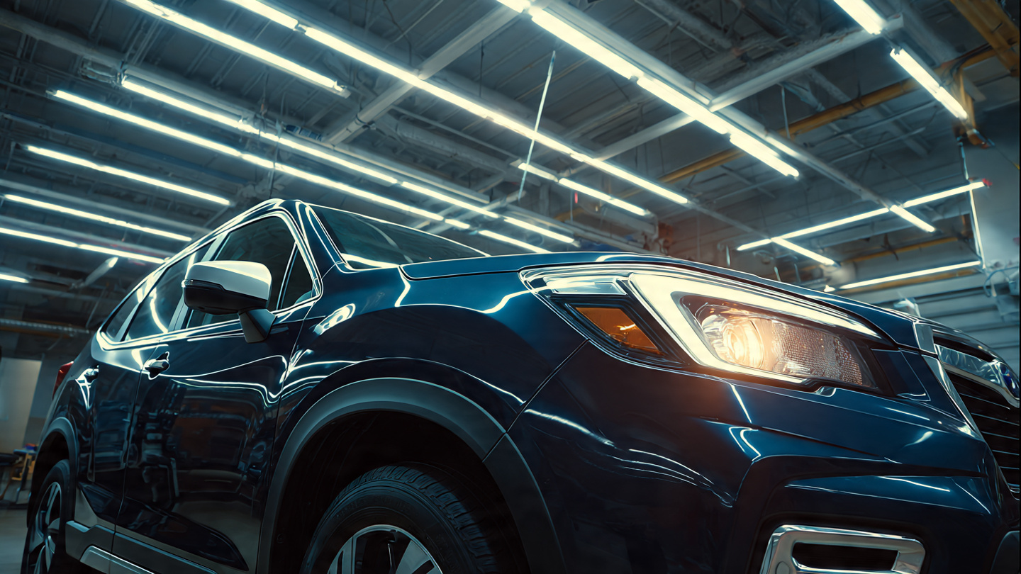 A Subaru Forester with its moonroof glass panel separating from the frame on a highway