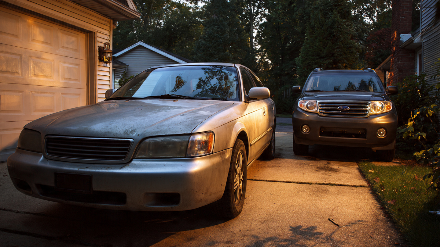 A driveway with two cars: a newer SUV parked closest to the house and an older sedan at the end