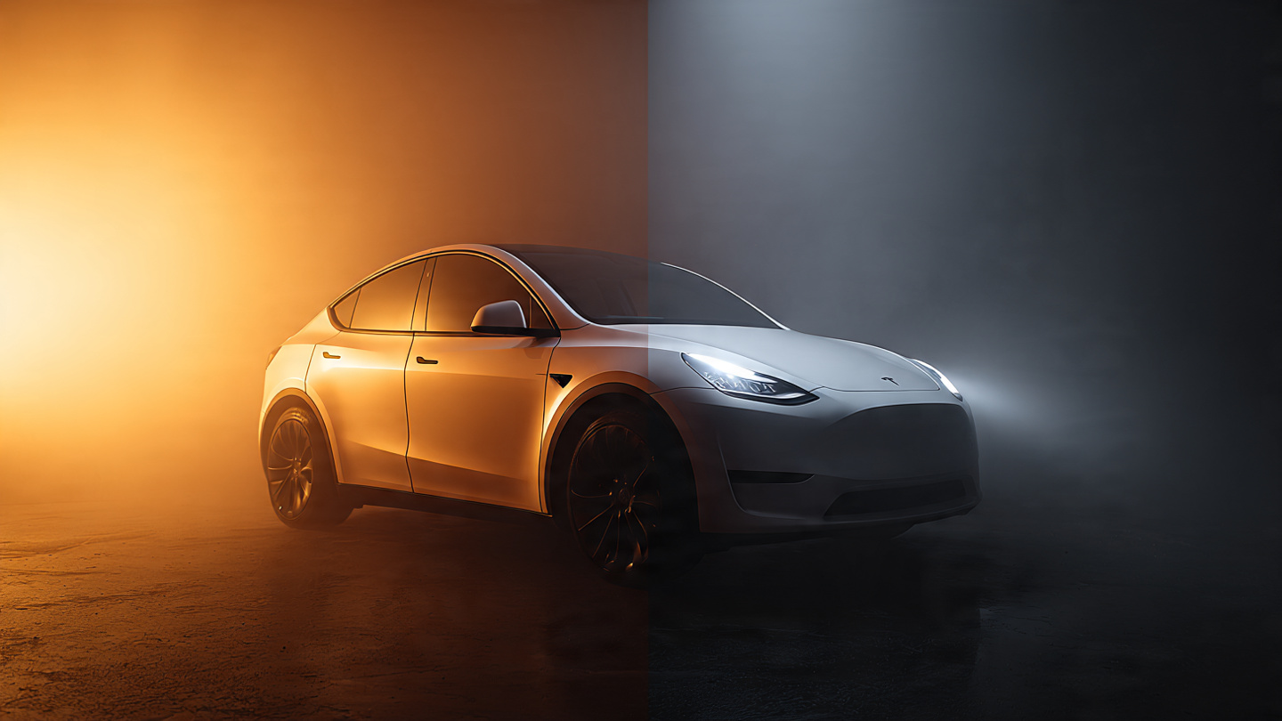 Tesla Model Y with split NHTSA safety award and investigation overlay