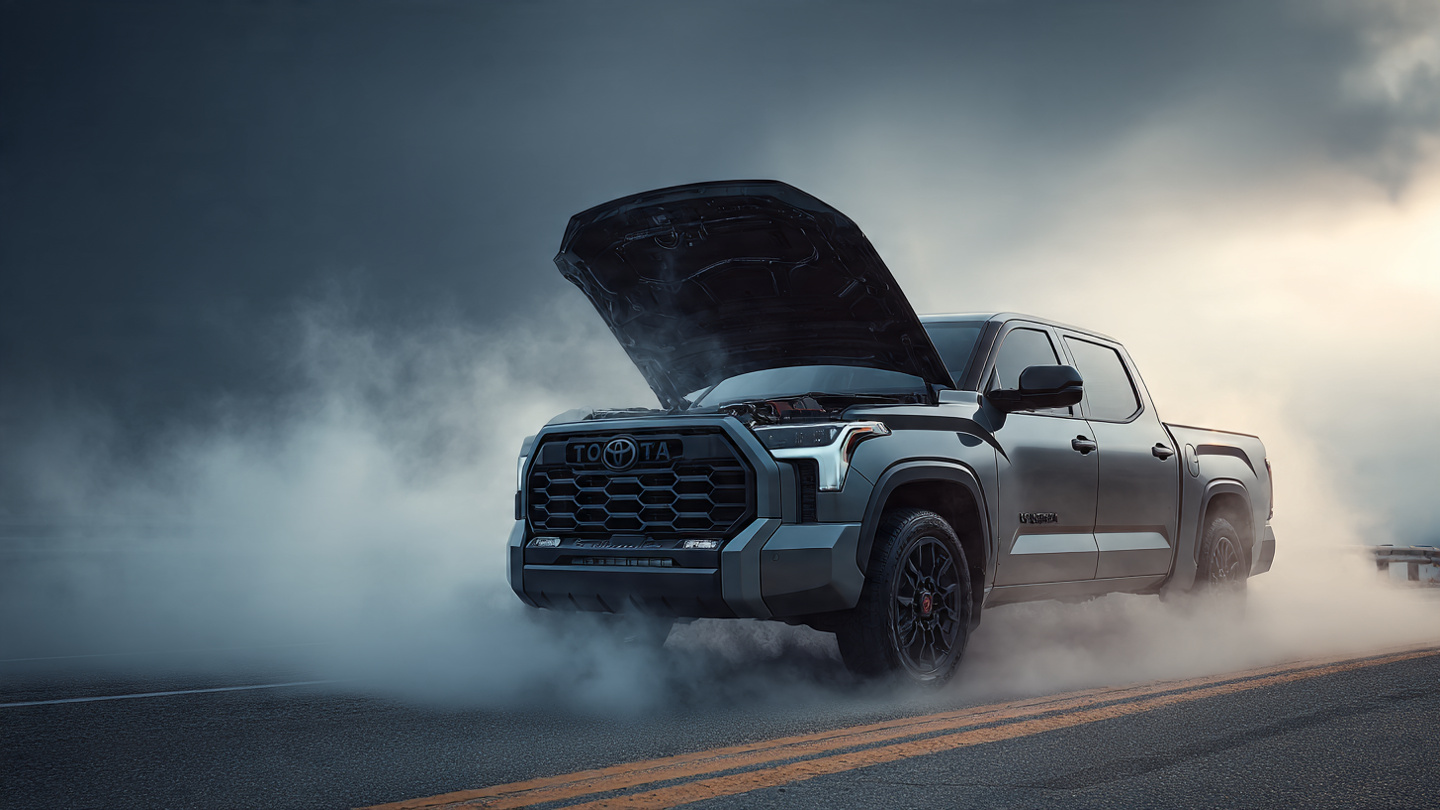 Toyota Tundra V35A twin-turbo V6 engine with bearing debris visible