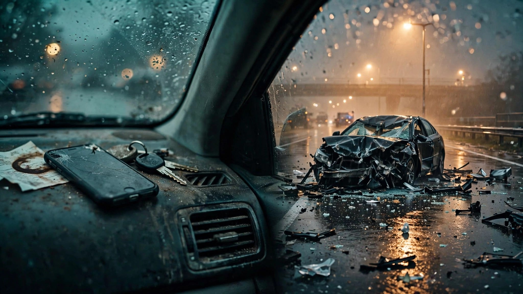 Split image of a phone in hand vs a crumpled car on a highway, comparing distracted driving laws to vehicle safety
