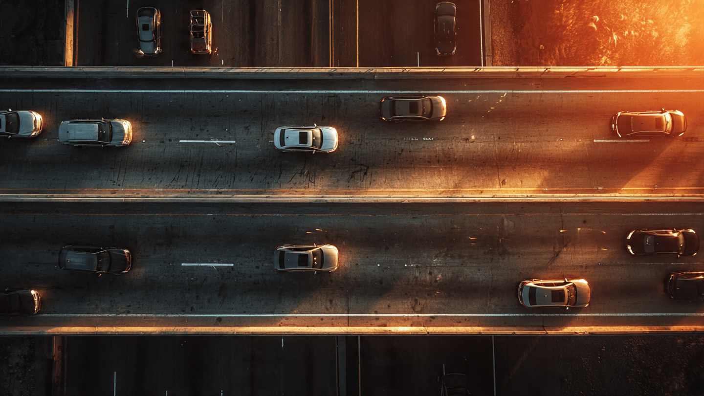 A split highway scene showing modern safety-rated vehicles on one side and aging sedans on the other, illustrating the two-fleet safety divide