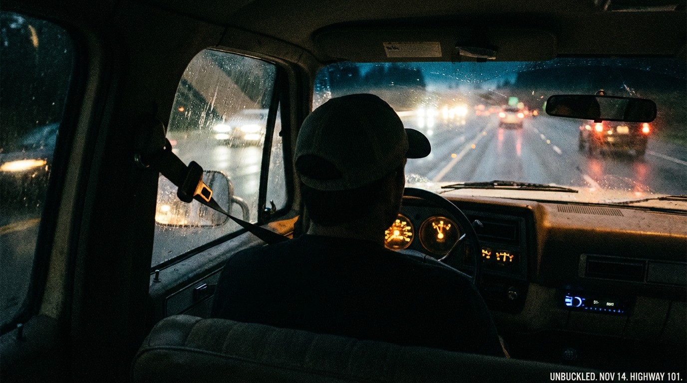 Dark nighttime highway scene with dashboard lights illuminating an unbuckled seatbelt hanging unused in a pickup truck cab